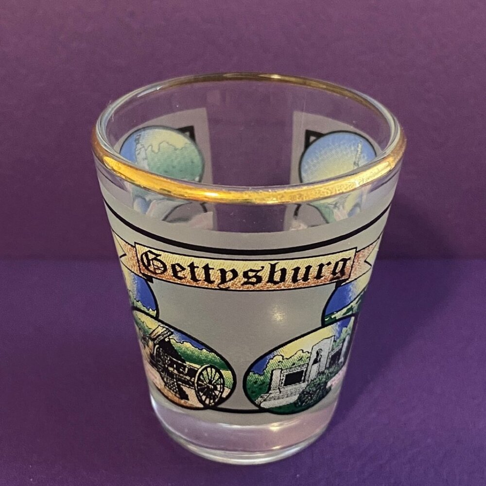 Shot Glass Featuring Gettysburg Battlefield Monuments ~ Glass w/Gold-Tone Trim